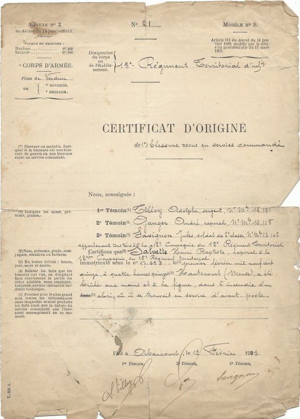 1915 certificat d'origine recto